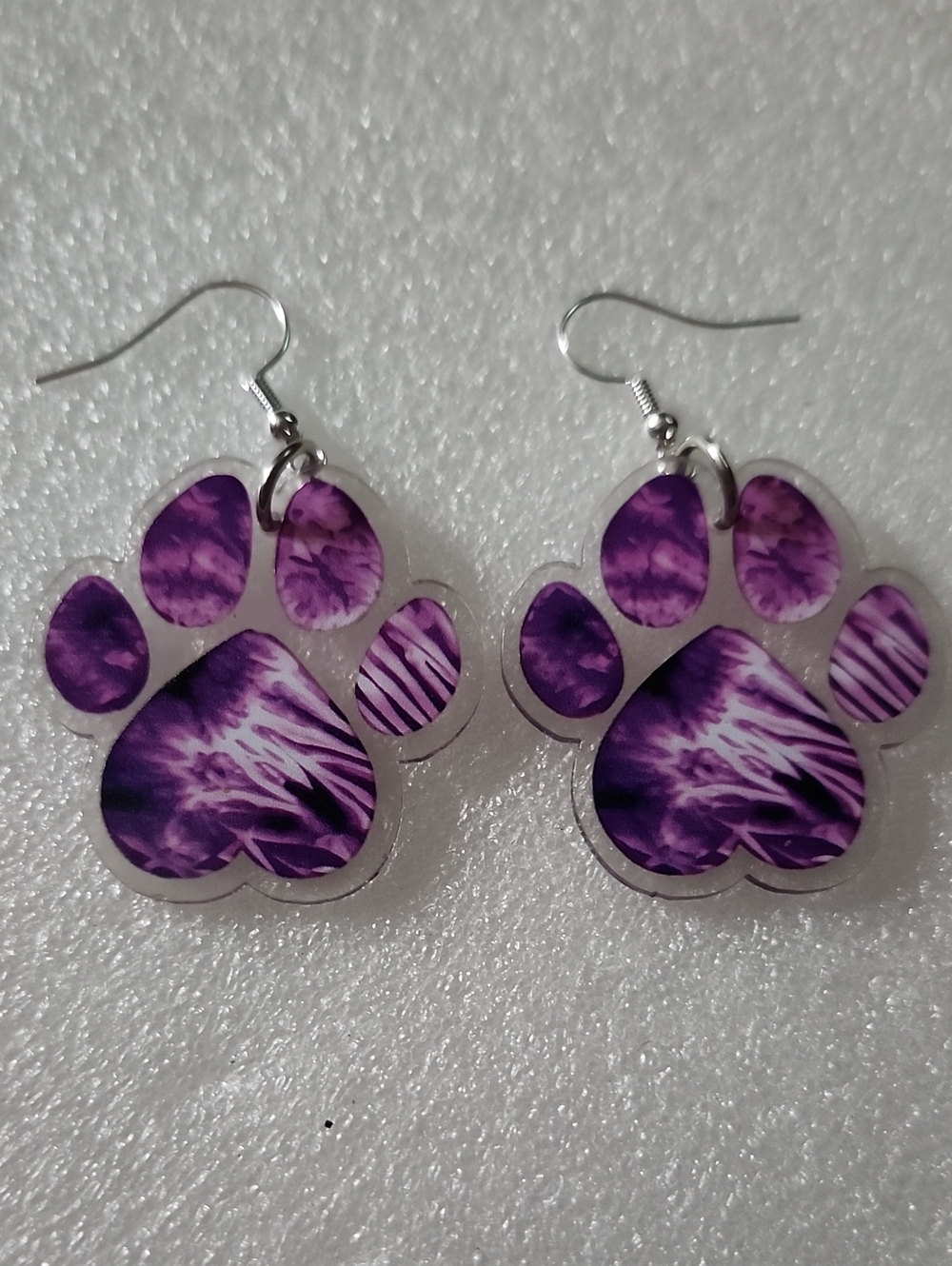 Hand Crafted Purple Paw Print Dangle Earrings